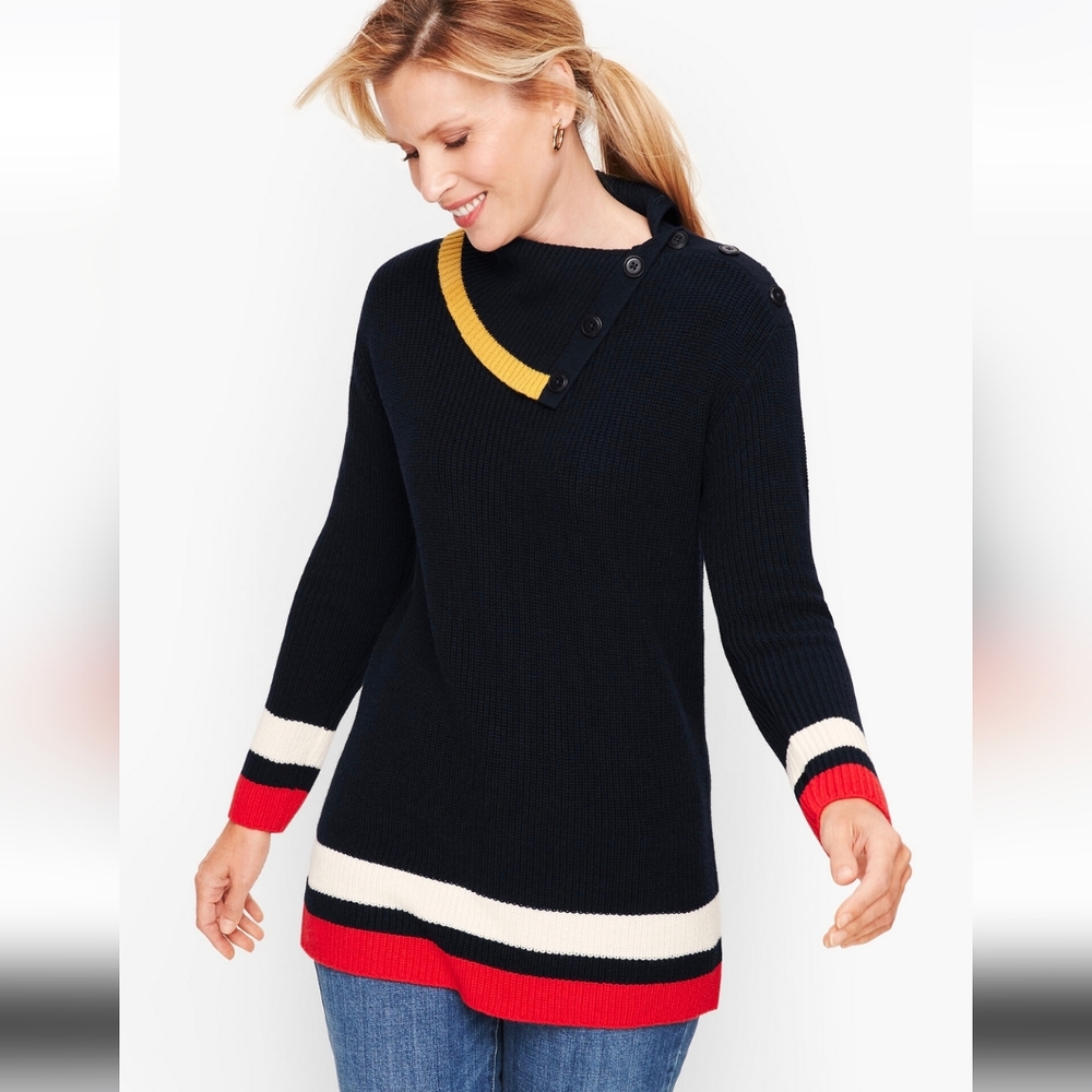 Talbots Womens Tipped Split Neck Shaker Stitch Sweater Nautical Coastal NWOT XLP